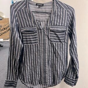 Express blue gray w/ silver stripe vneck long sleeve blouse top (needs ironing)
